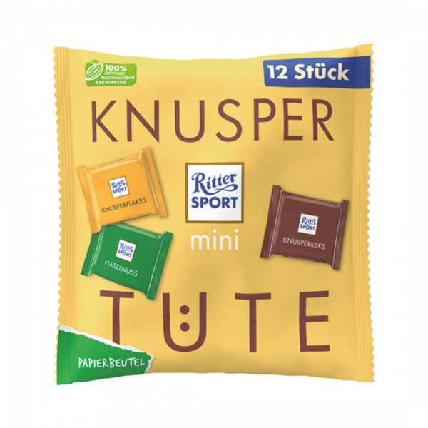 Ritter Sport Mini Knusper Tüte, 3 Sorten (Knusperflakes, Nuss-Splitter, Knusperkeks), 9 Stück, Papierbeutel, 200 Gramm